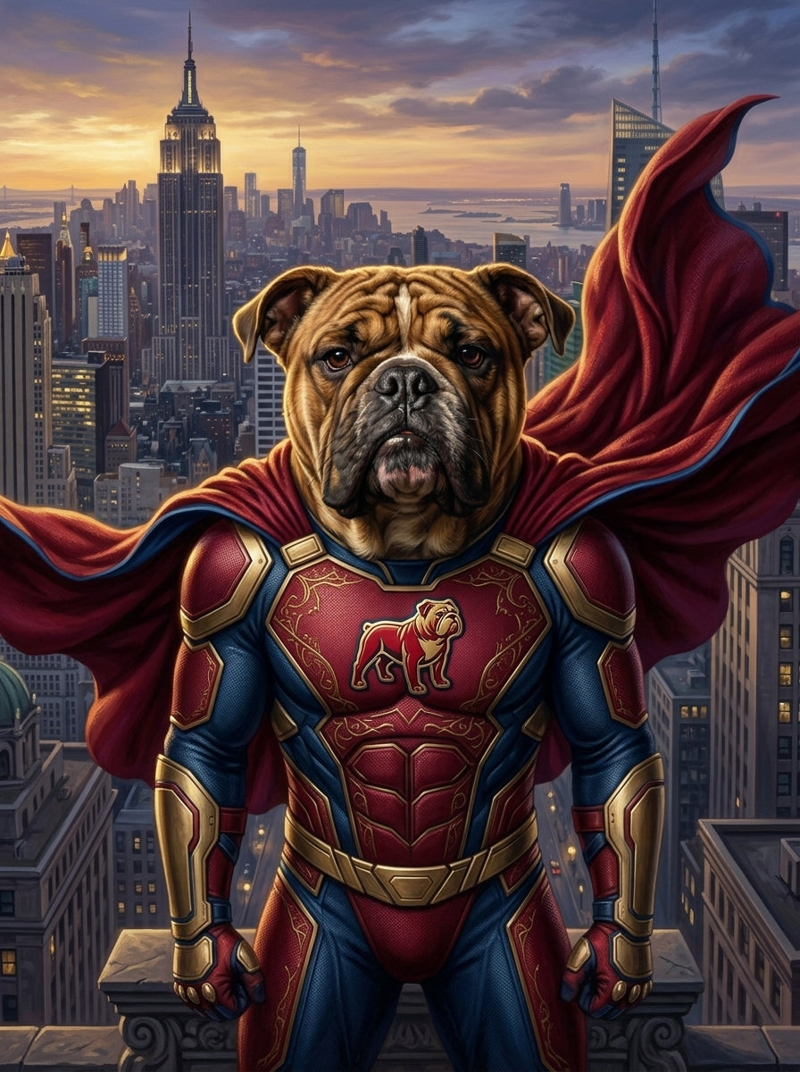 Lienzo con retrato de mascota estilo superheroe