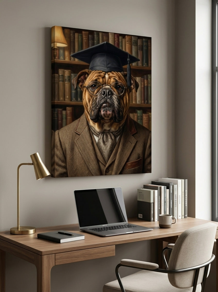 Lienzo con retrato de mascota estilo profesor en oficina