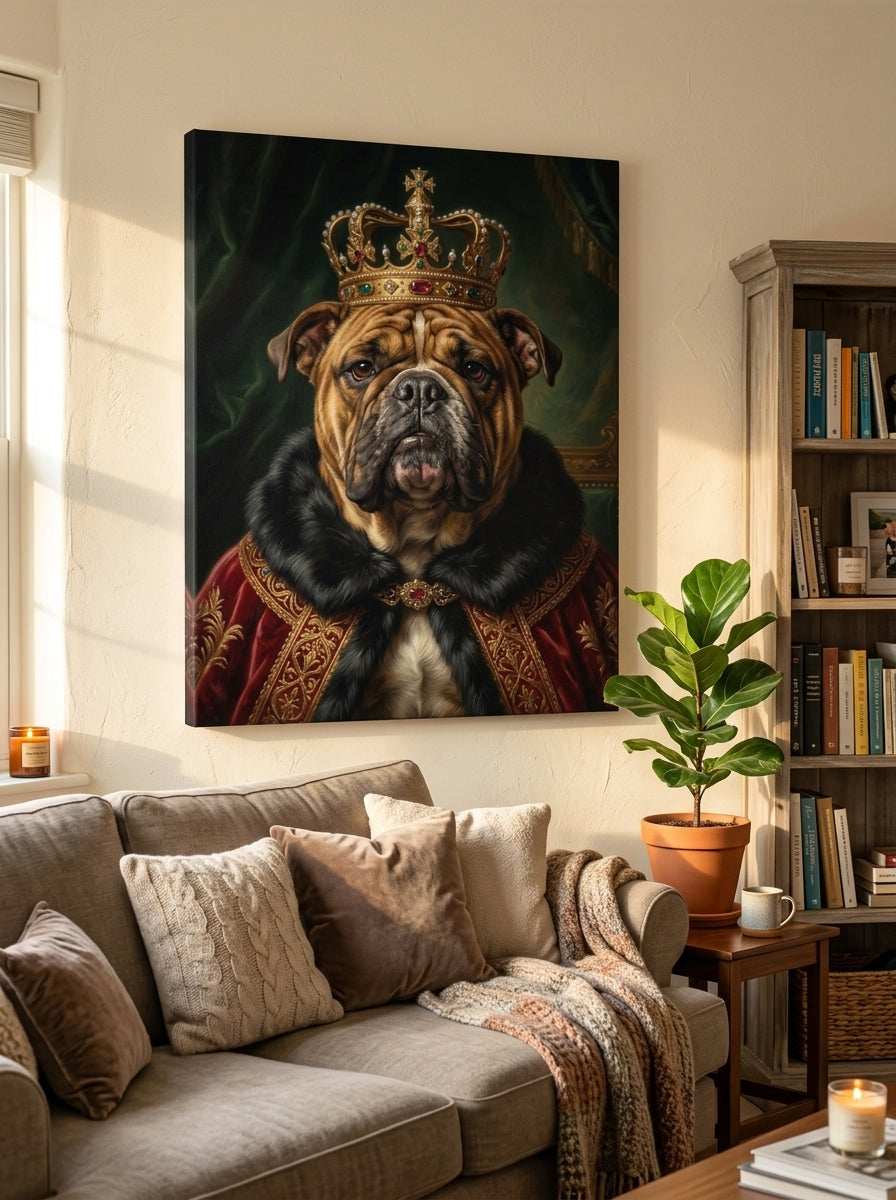 Lienzo con retrato de mascota estilo rey en sala familiar