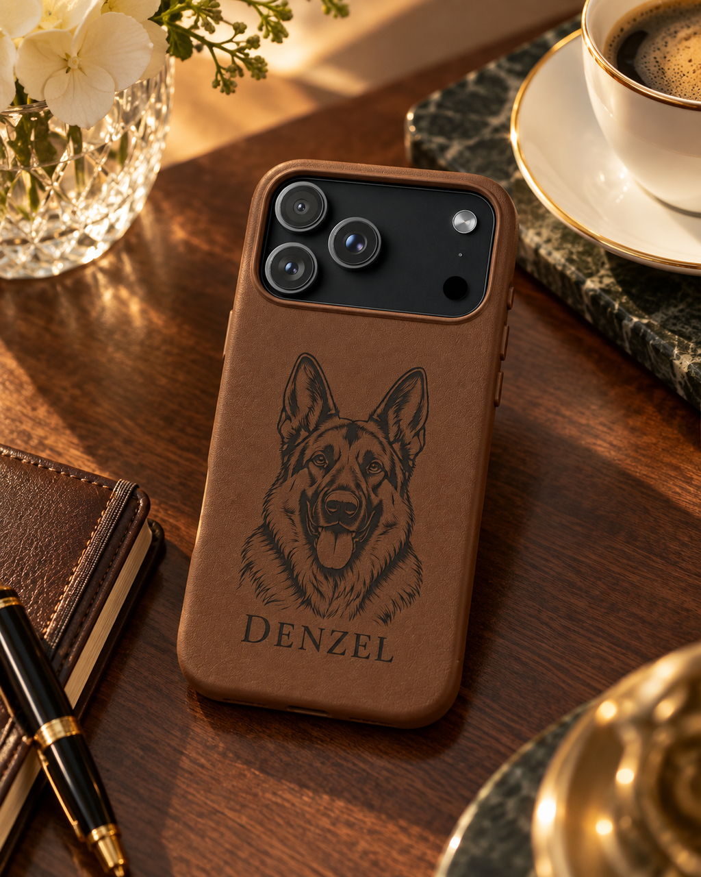 Funda de Celular de Cuero Grabada — Retrato de tu Mascota