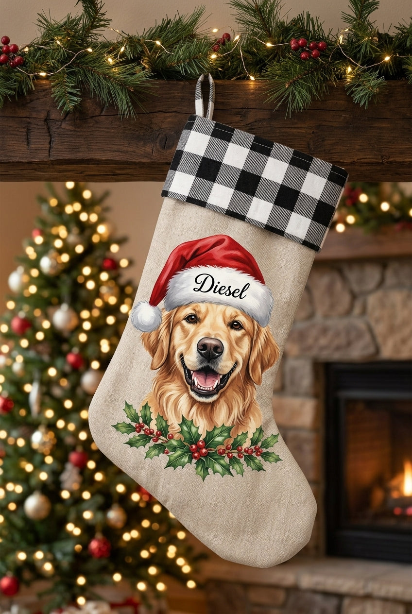 Calcetin navideno personalizado con perro Diesel, puno blanco y negro