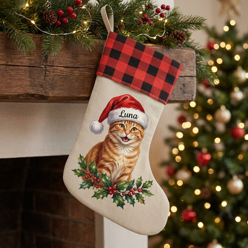 Calcetin navideno personalizado con gata Luna de ejemplo