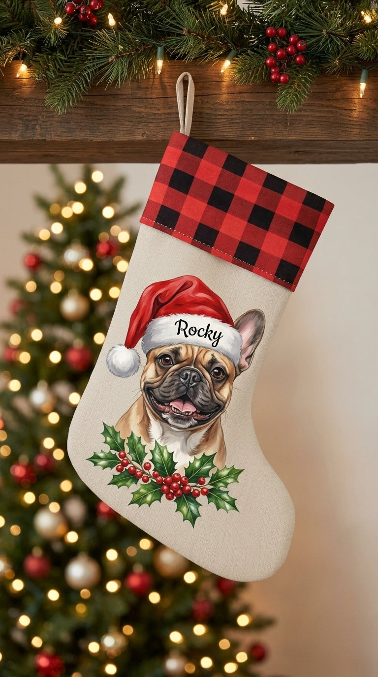 Calcetin navideno personalizado con perro Rocky de ejemplo