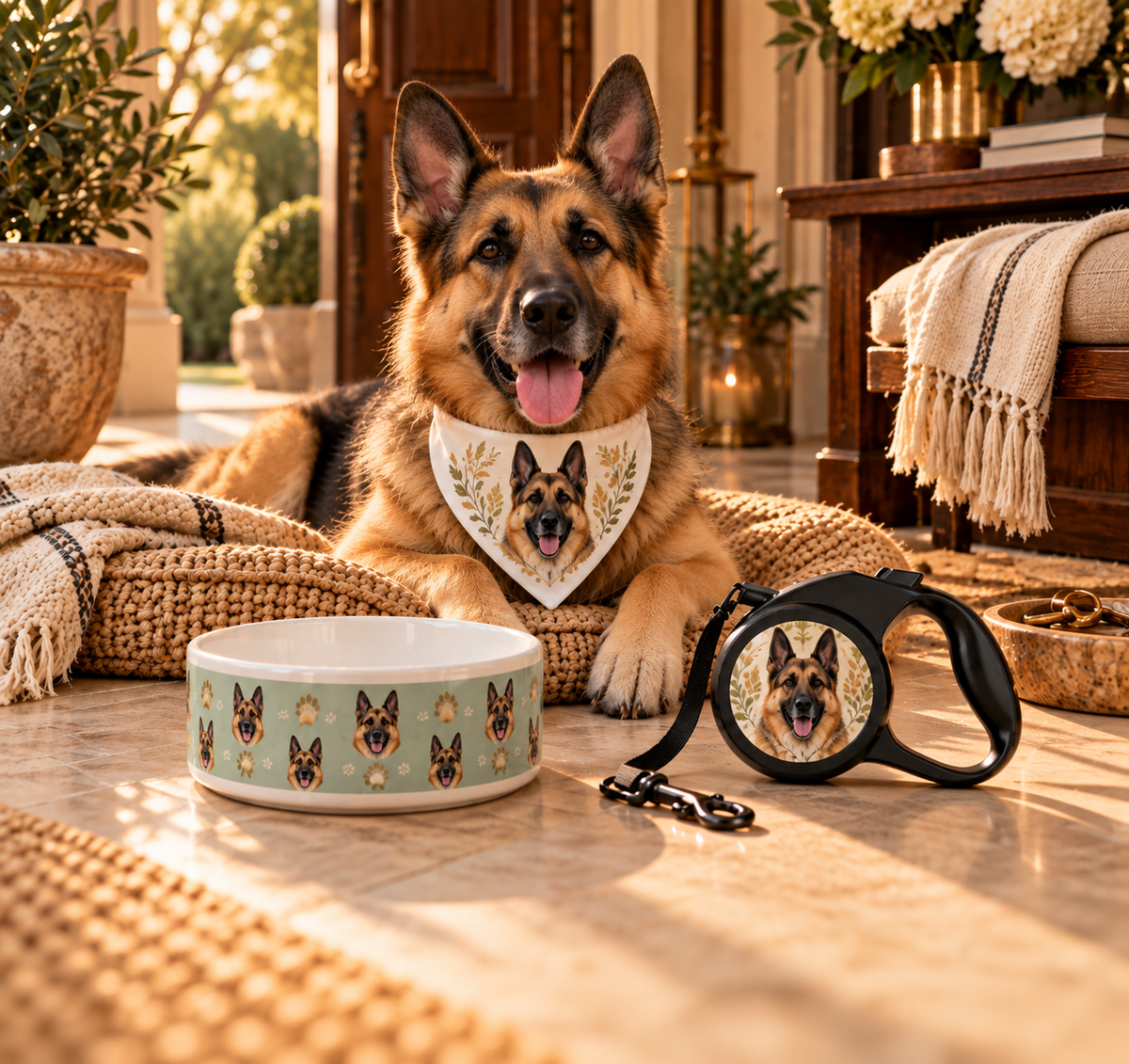 Pack Esenciales del Paseo - pañuelo, comedero y correa personalizados