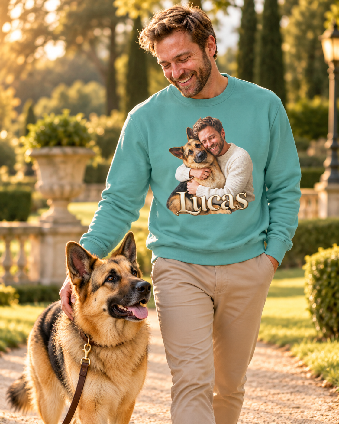 Sudadera personalizada con foto de mascota impresa - de frente, con nombre Lucas